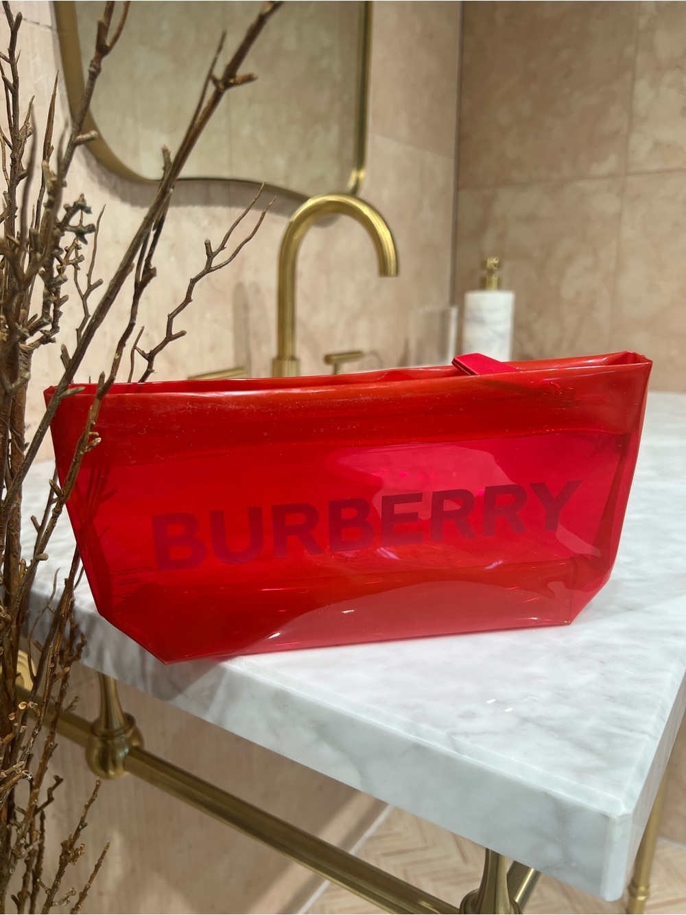 Burberry Red Transparent Logo Cosmetic Bag